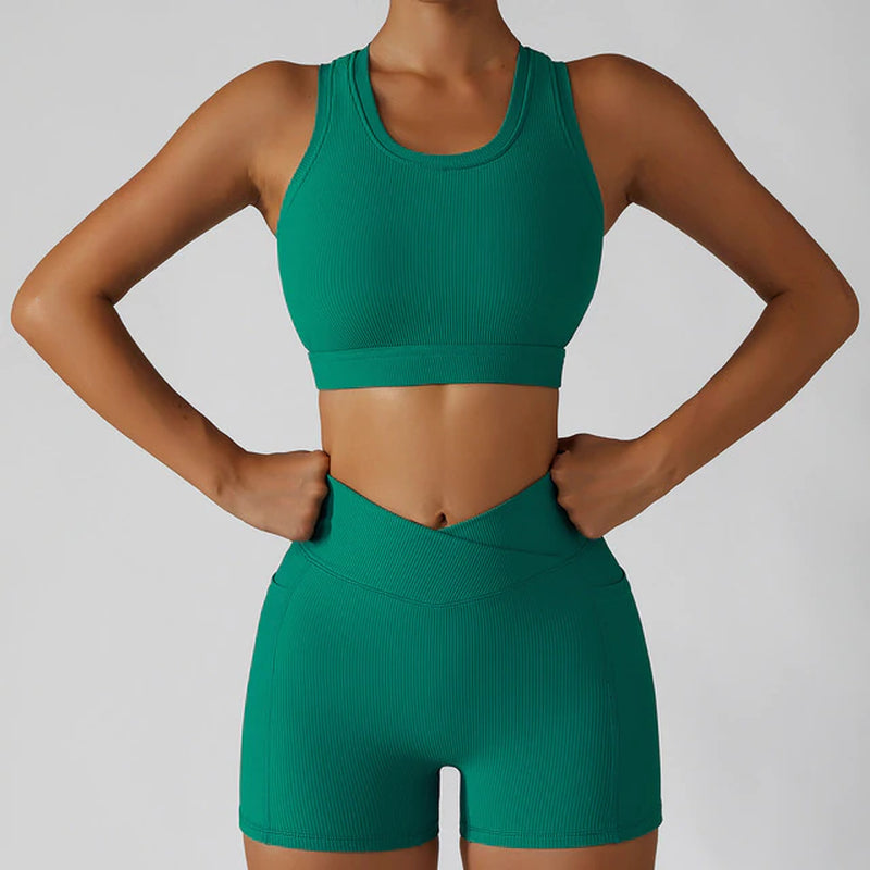 CUKOO Two piece Sports Bra and Green Workout Shorts ( Track Suit) ( Gym  Wear)