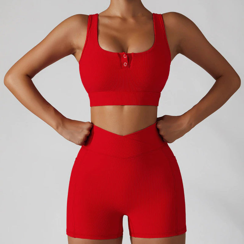 RQYYD Clearance Workout Sets for Women Short Sleeve Halter Strap Sports Bra  High Waist Yoga Shorts 2 Piece Seamless Ribbed Outfits Red S 