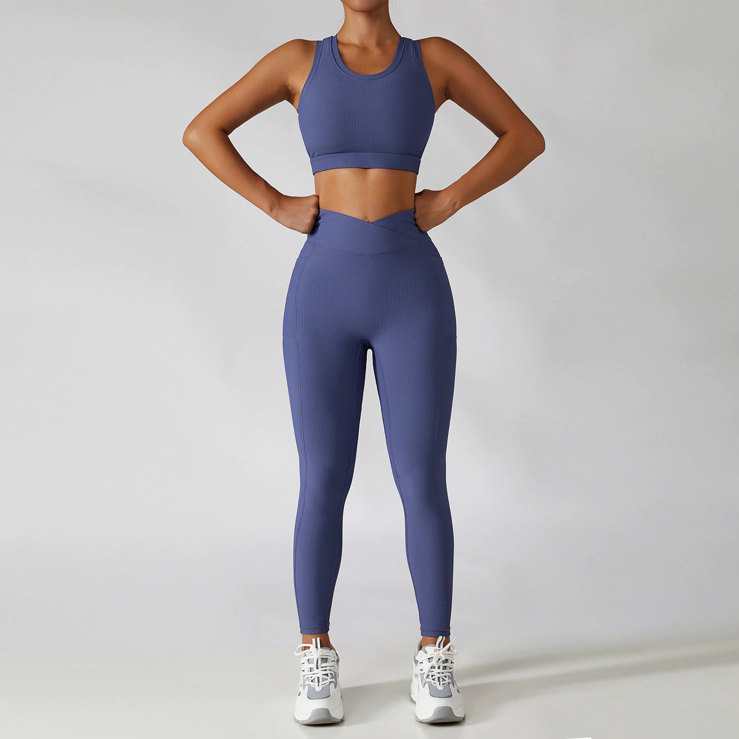 Vertical Strip Hollow Yoga Set Workout Clothes Tracksuit Women Sportswear Gym  Clothing High Waist Legging Sports Bra…