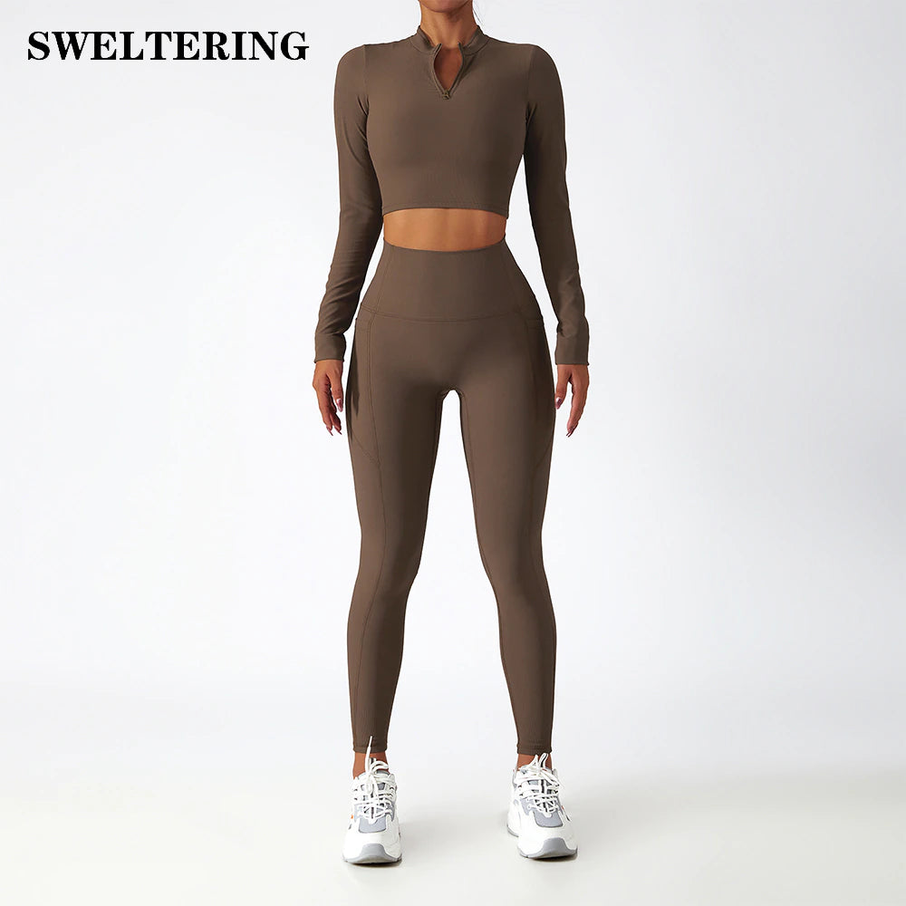 Women Seamless Yoga Suit Long Sleeve Crop Top Leggings Push Up Gym Outfit  Sets