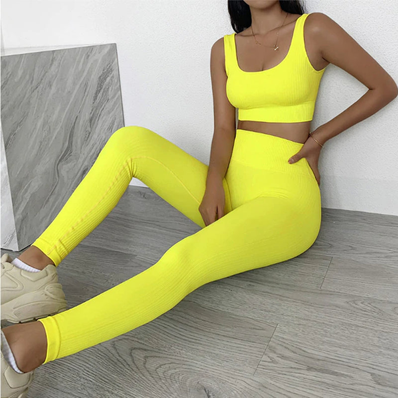 Yellow Lycra Sports Bra and Shorts Set: Women's Workout Clothes for the Gym